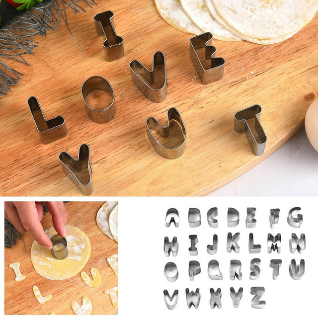 Juego de 26 mini cortadores de galletas con letras del alfabeto | Herramientas pequeñas de acero inoxidable para hornear galletas suaves, pasteles, fondant, pan, galletas, chocolate, manualidades
