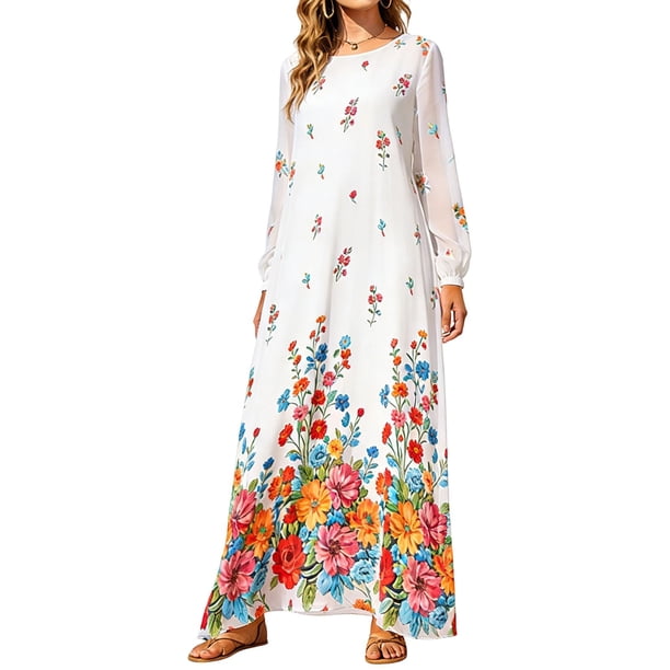 Vestido con Cuello Redondo de Manga Larga de Gasa Impreso para las Mujeres, Moda de Verano de Primavera Informal Y Elegante