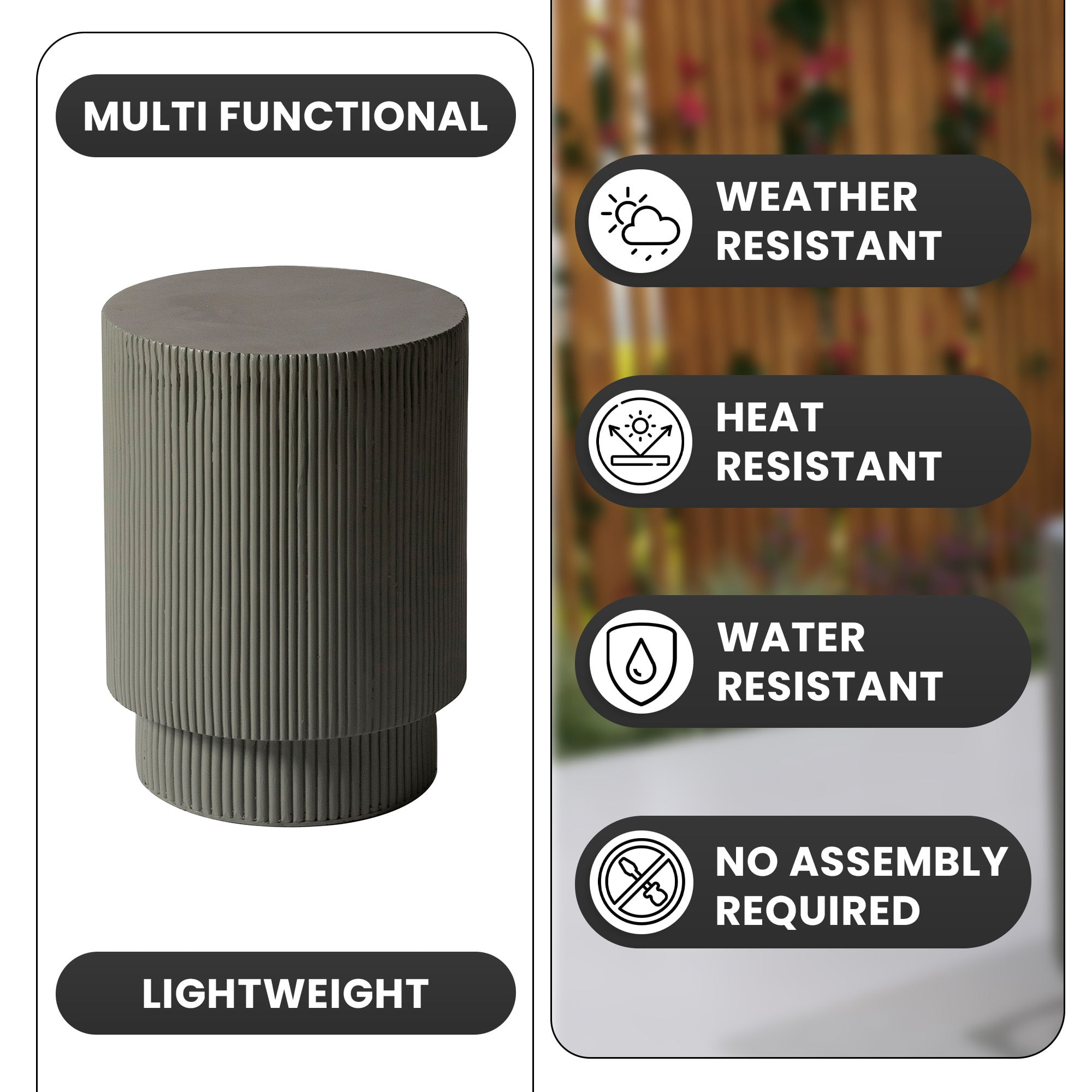 LeisureMod Modern Side Table Round Fiberstone Top Accent End Table for Home, Outdoor Patio, Living Room Sofa, Weather-Resistant, Eden Series in Grey