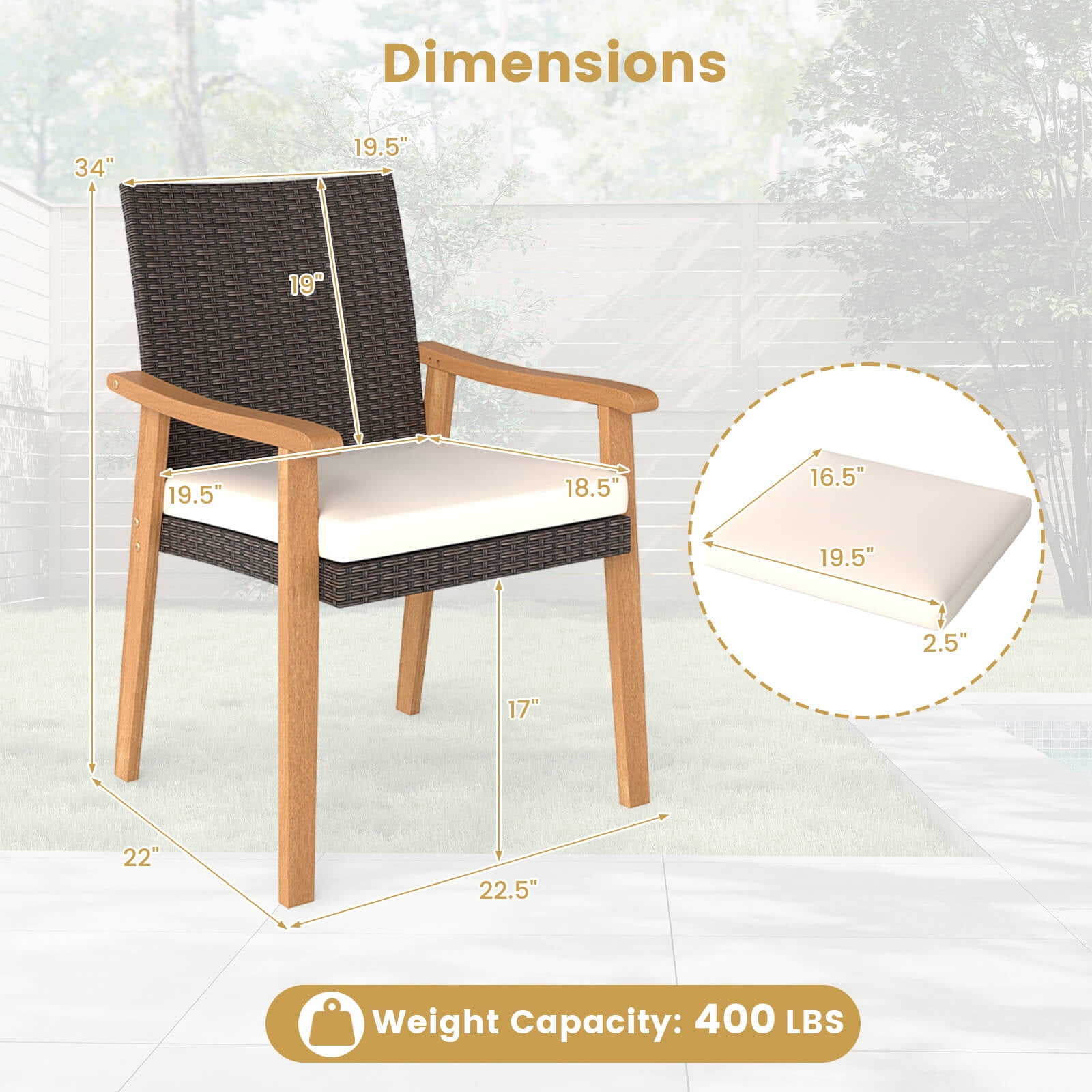 Costway Patio Dining Chair Set of 2 with Cushion Wood Armrests Metal Frame for Garden