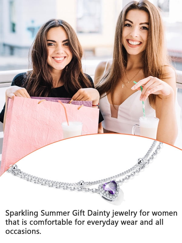 Silvora Silver Birthstone Ankle Bracelets for Women Waterproof Layered Anklets Beaded Chain Adjustable Anklet Heart Gemstone Ladies Jewelry Gifts, February