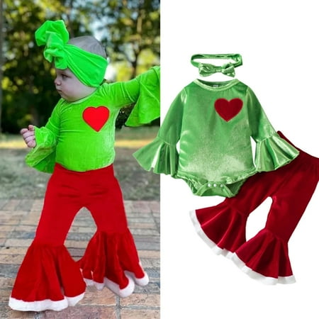 

NIUREDLTD Girls Heart Ruffle Autumn Christmas Long Sleeve Bell Bottom Romper Bodysuit Headbands Set Clothes