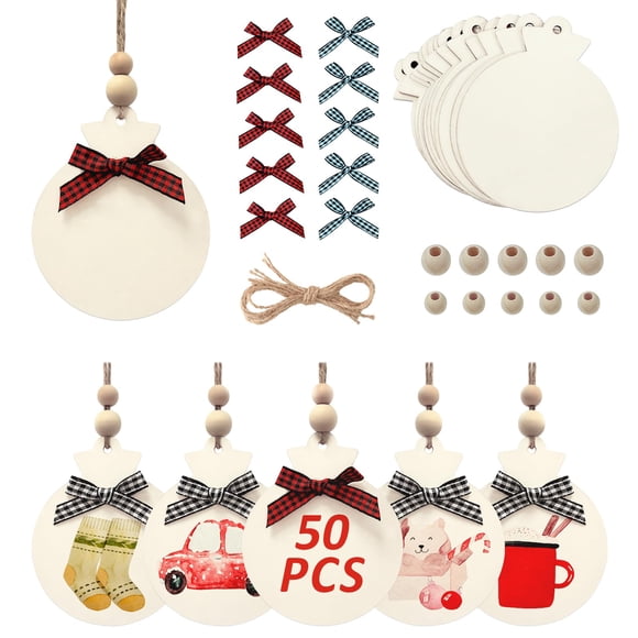 Adornos navideños de madera CYAOOI redondos de 4 pulgadas, 50 piezas, set de bricolaje