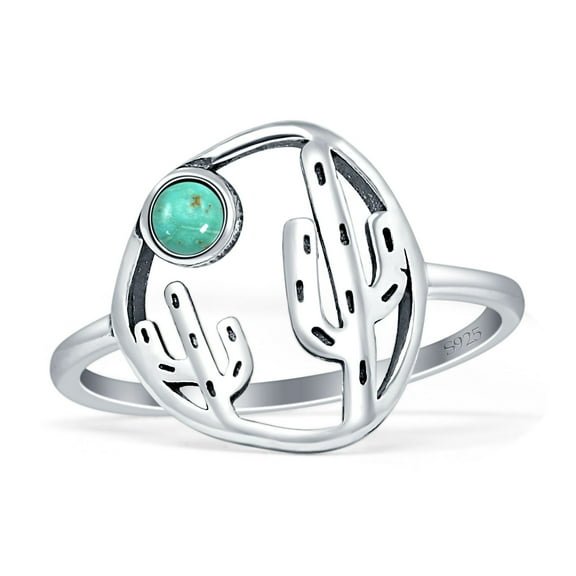 Turquoise Cactus Oxidized Round Ring 925 Sterling Silver Size 5