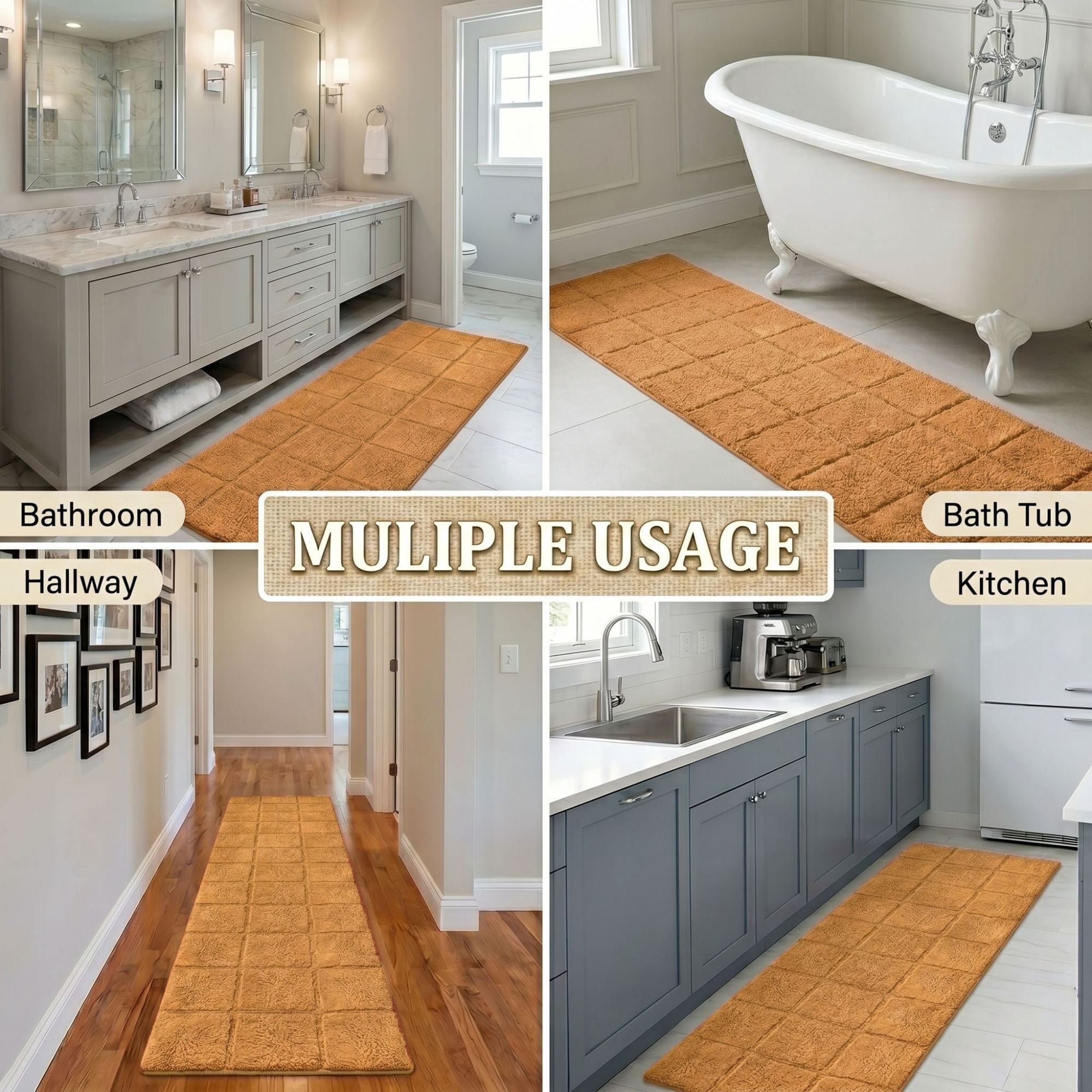 Superior Checkered Non-Slip Cotton 3-Piece Bath Rug Set with Runner, Rust