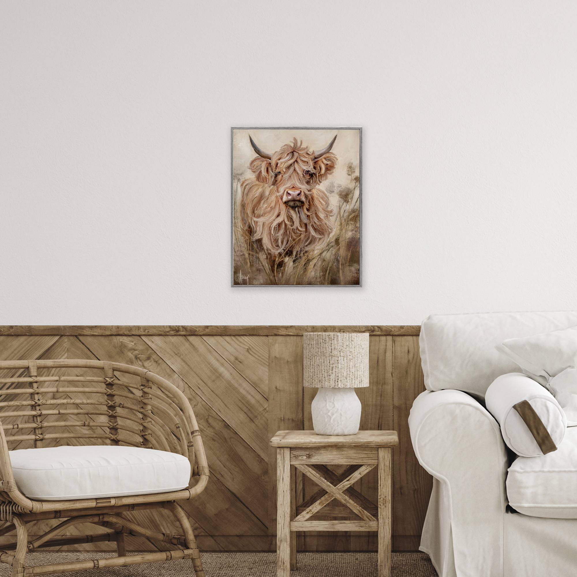 Curly Haired Highland Cattle Gray Framed Giclee Art, design by Ashley Bradley