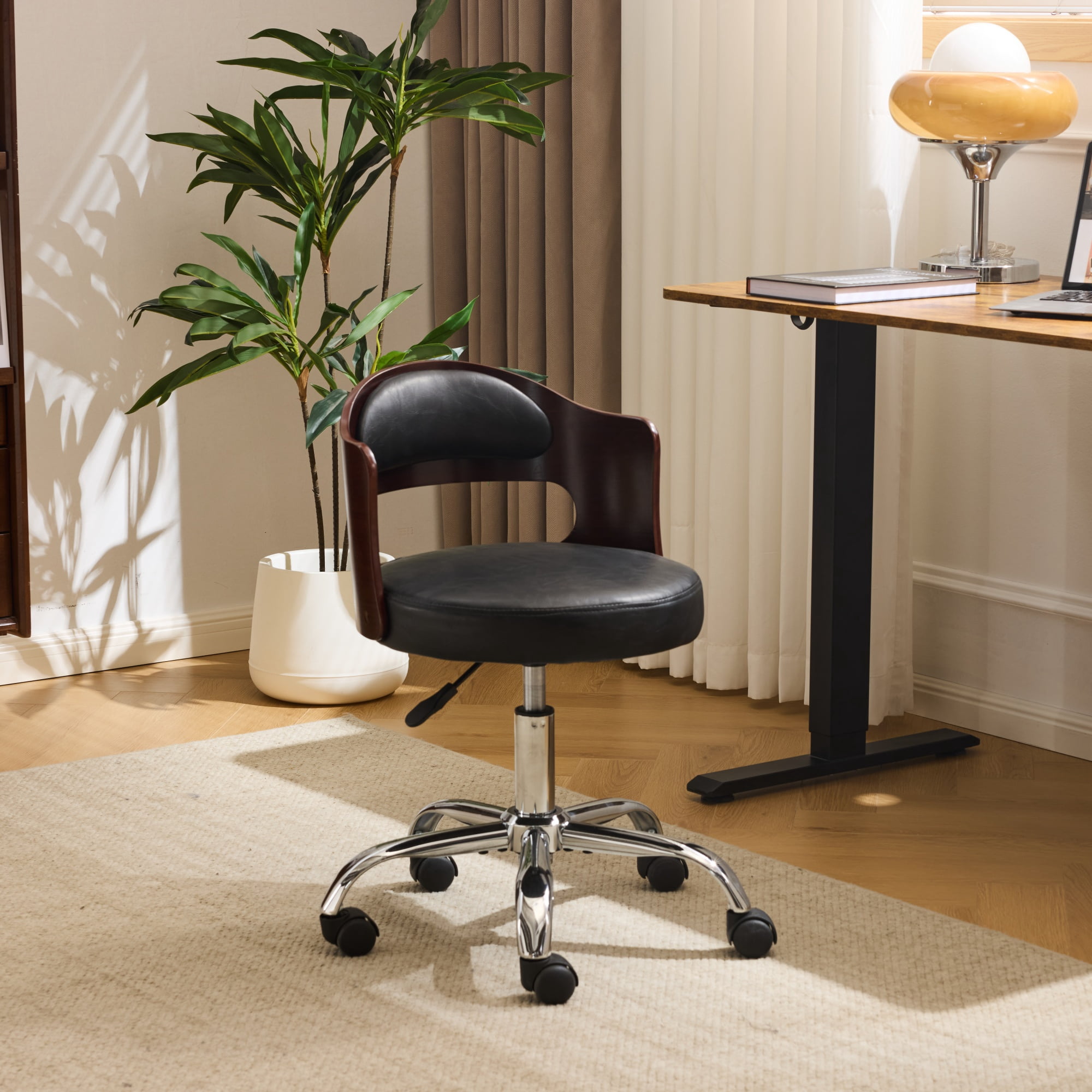 Zimtown Faux Leather Home Office Desk Chair, Swivel Rolling Computer Chair, Adjustable Vanity Chair Modern Task Chair for Adults, Black