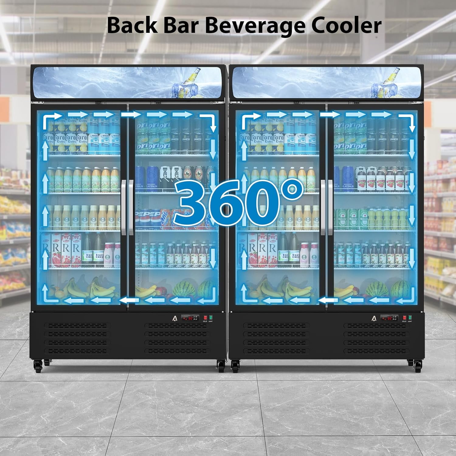 Hetoy Commercial Glass Door Refrigerator with LED Lighting - 36.3 Cu.Ft Upright Beverage Cooler with Double Swing Doors, Ideal for Home, Store, Gym, or Office