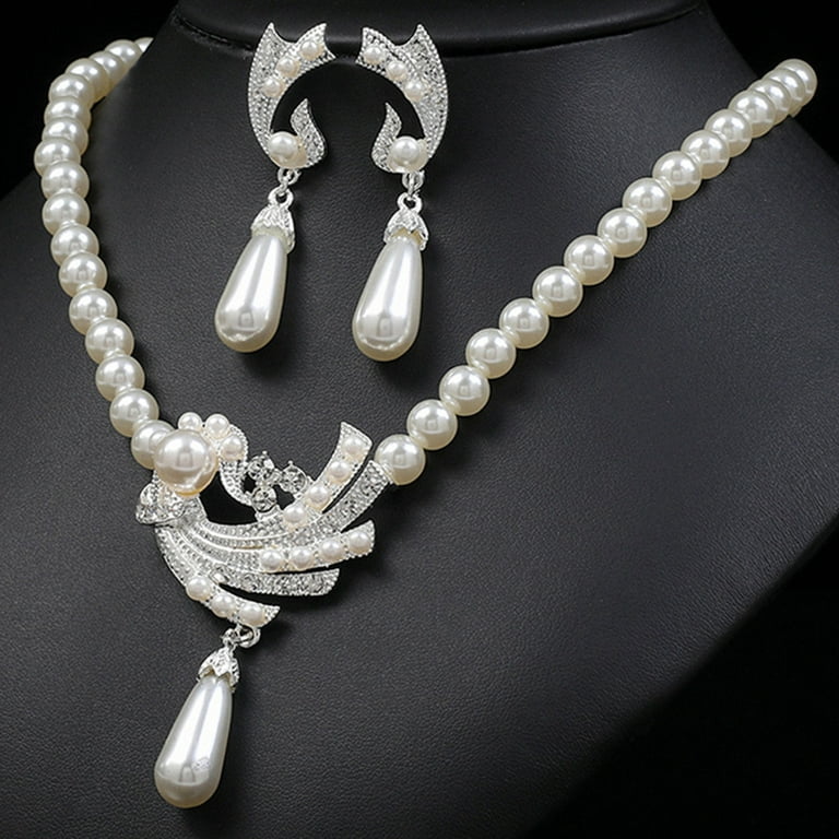 Riguas 1 Set Women Earrings High Gloss Shiny Chain Gorgeous Rhinestone  Imitation Pearl Necklace Jewelry Gift Fahion Fashion Accessory Jewelry Gift