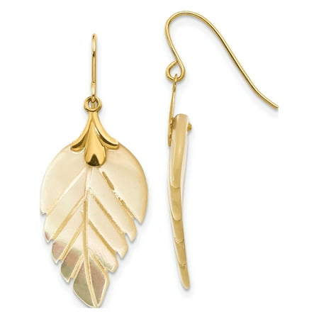 14k Yellow Gold Leaf - 14k Yellow Gold Madi K Mother of Pearl Leaf Dangle (13x33mm) Earrings