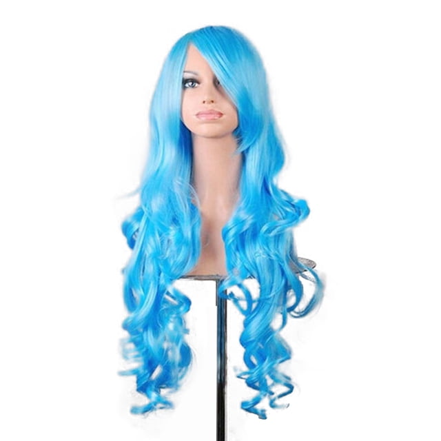 Unique Bargains Pelucas de cabello humano para mujer 33" Peluca azul rizada con gorro de peluca 350g