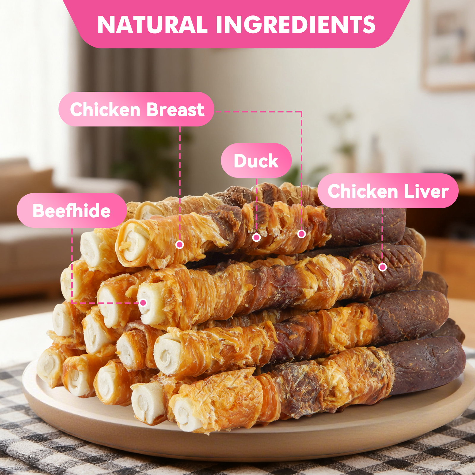 Puddonio Chicken, Duck & Liver with Rawhide Dog Treats, 2.2 lb, 6 Inch