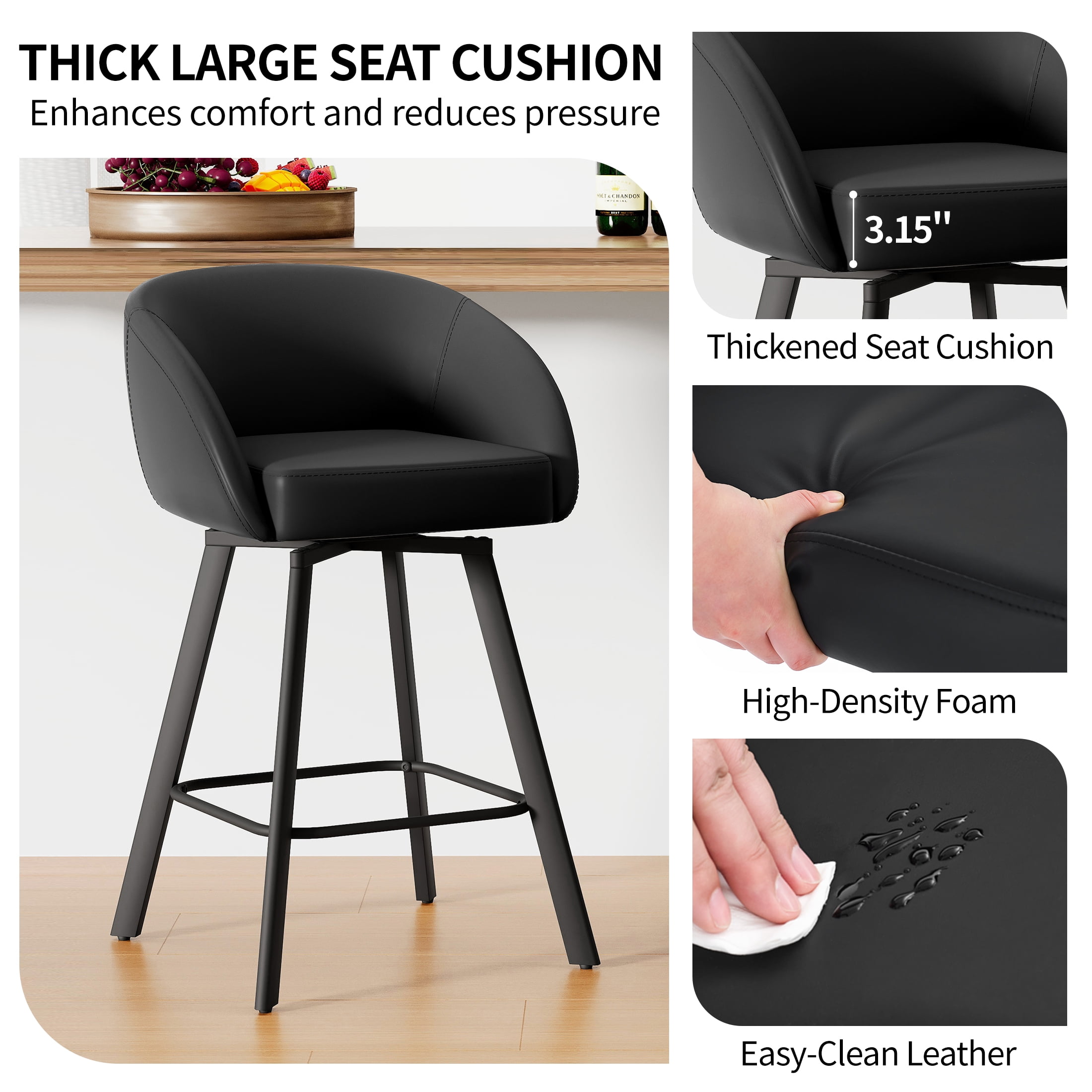 FIRAVOE Bar Stools with Back Set of 2, Swivel Counter Height Bar Stools with Footrest (26") Faux Leather Black Barstools for Kitchen Island