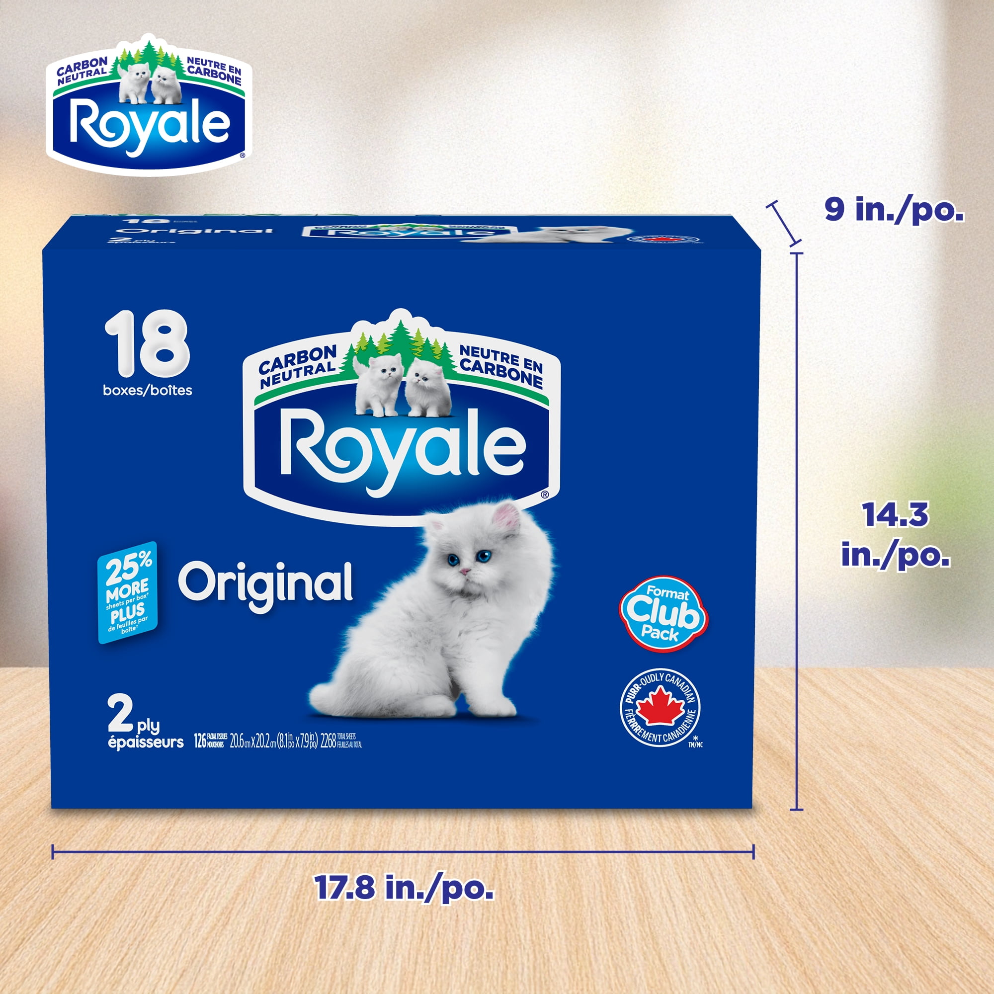 Royale Original, 2 Ply Facial Tissue, 18 Flat Boxes, 126 Tissues per Box, 2268 tissues per pack