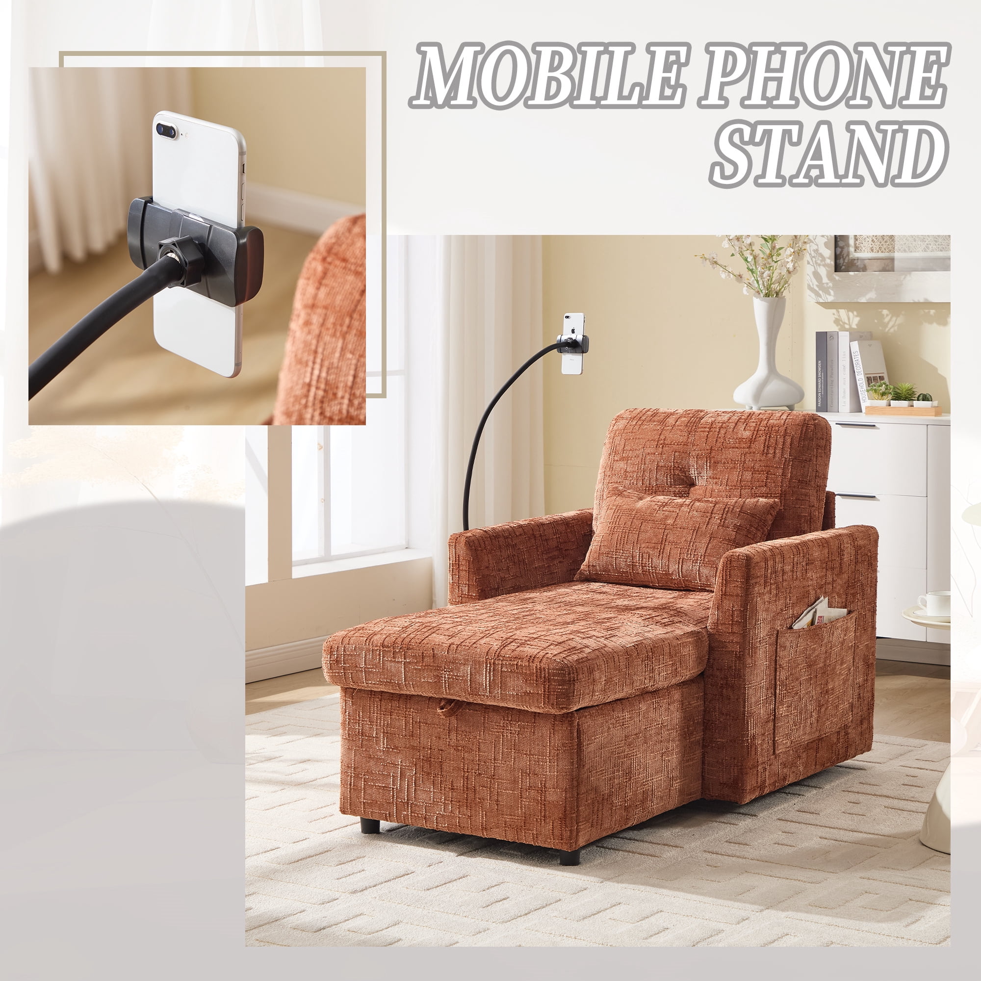 Aukfa Storage Chaise Lounge Single Sofa with Phone Holder and Pillow for Living Room Bedroom, Chenille, Orange