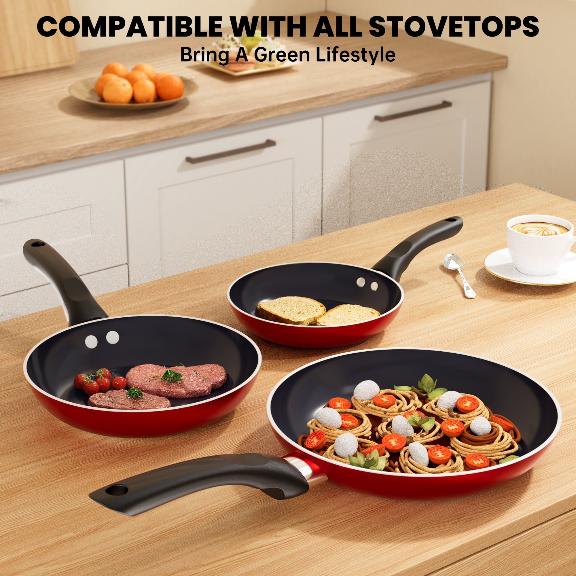 GPED 3 PCS Non-Stick Frying Pan Set,8”, 9.5”, 11” Tri-Ply Skillet with Induction Bottom, Aluminum Cooking Skillet Pans Set, Compatible with All Stovetops (Red)