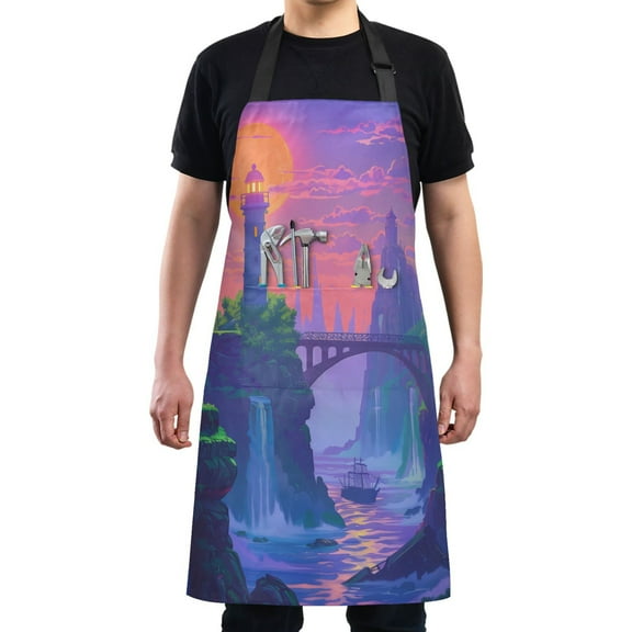 Kitchen Apron with 2 Pockets Adjustable waterproof Cooking Aprons for Women Men Chef Lighthouse and Bridge on Sunset