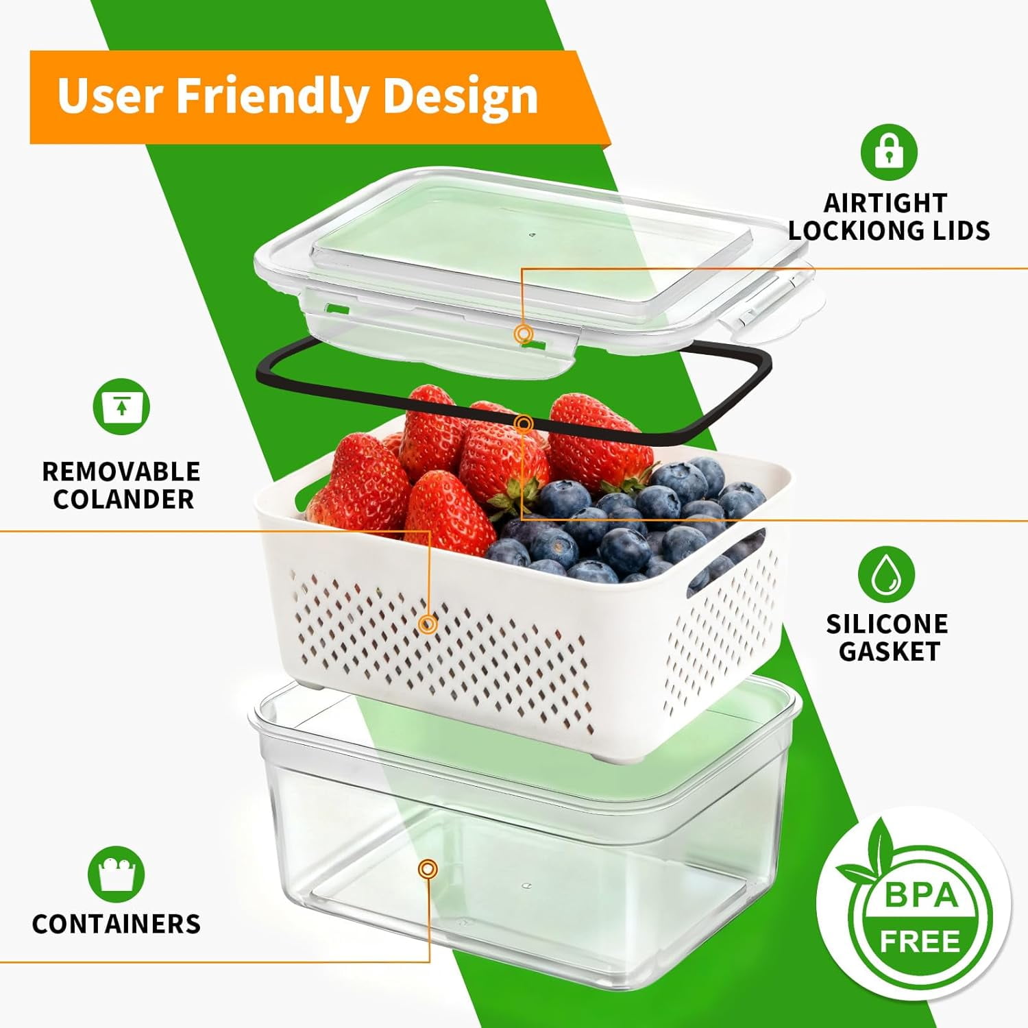 CLIQKWEN 5-Pack Large Fruit Storage Containers for Fridge with Removable Colander, 2 in 1 BPA-Free Produce Organizers to Keep Fruits Vegetables Berries Fresh Longer