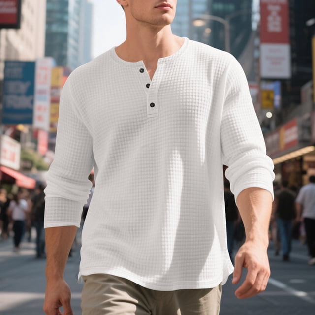 Blusas y camisas de manga larga con cuello redondo y degradado para hombre, blusas casuales con botones y cuello redondo, blusas de poliéster para hombre