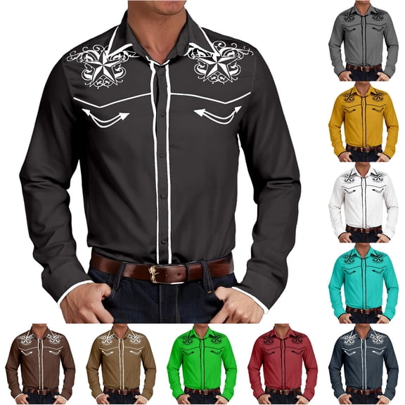 Trendfront Mens Western Scroll Print Shirts Collared Long Sleeve Contrast Yoke Graphic And Chest Pocket Detail Country Dress Shirt Tops