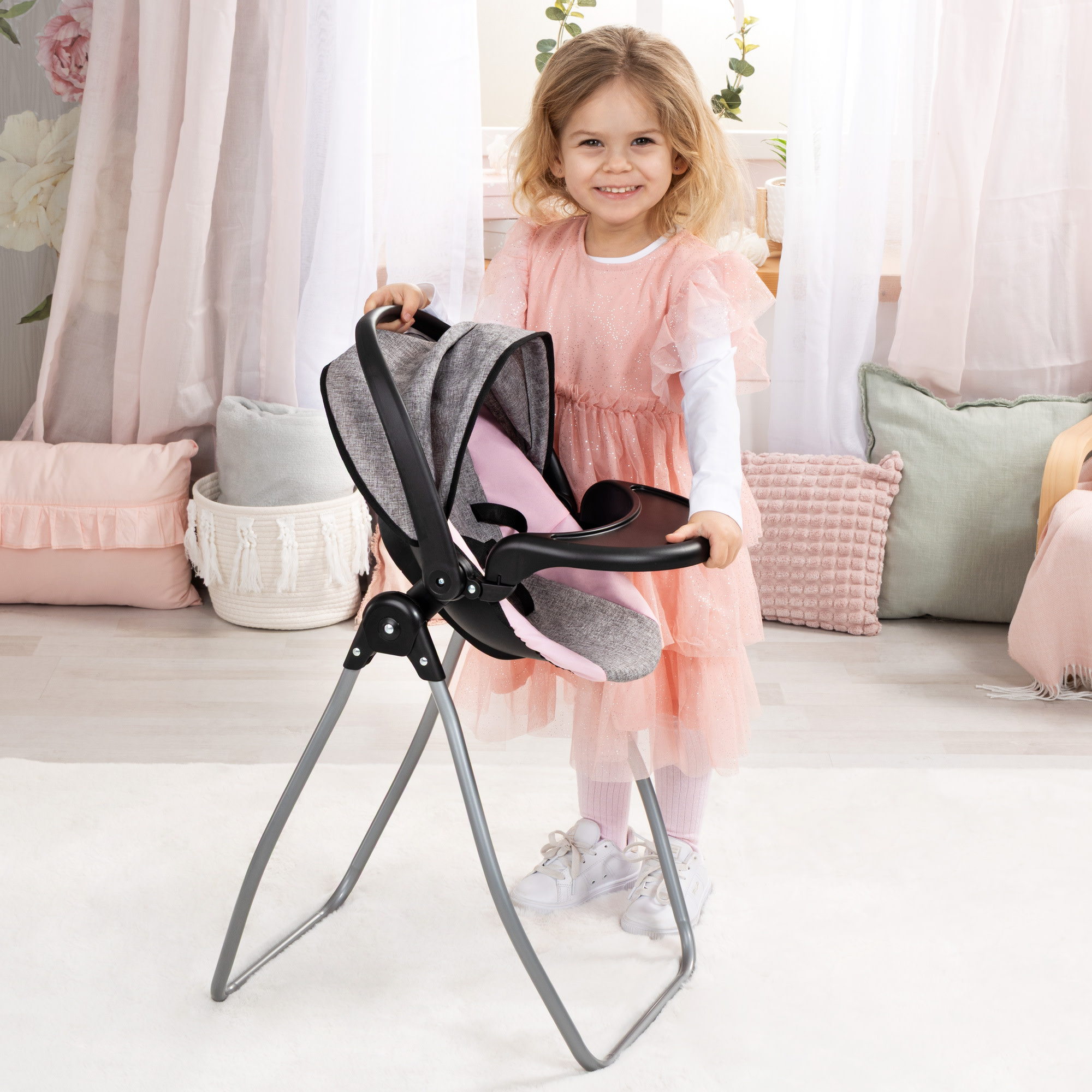 Bayer Design: Doll 4-In-1 Vario - Grey-Pink-Butterfly - Convertible Toy: Highchair-Swing-Bed-Car Seat, All-In-1 Care Accessory Fits 18" Dolls, Kids 3+