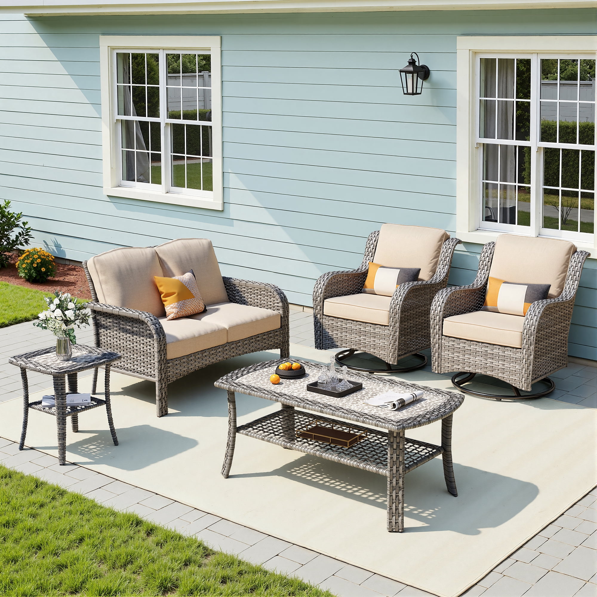 Toject Patio Furniture Set, 5 Pieces Outdoor Conversation Set with High Back Loveseat and Swivel Chairs, All Weather Wicker Outside Furniture for Porch, Balcony (Beige)