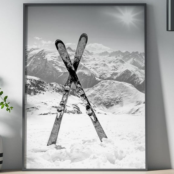 Poster Crossed Skis Poster, Wall Art, Poster Print, Wall Decor, Skiing, Winter Sports, Adventure, Typography, Black & White, Home Decor, Poster, - No Framed, Vintage Wall Art, Hot Trend!, 8x12