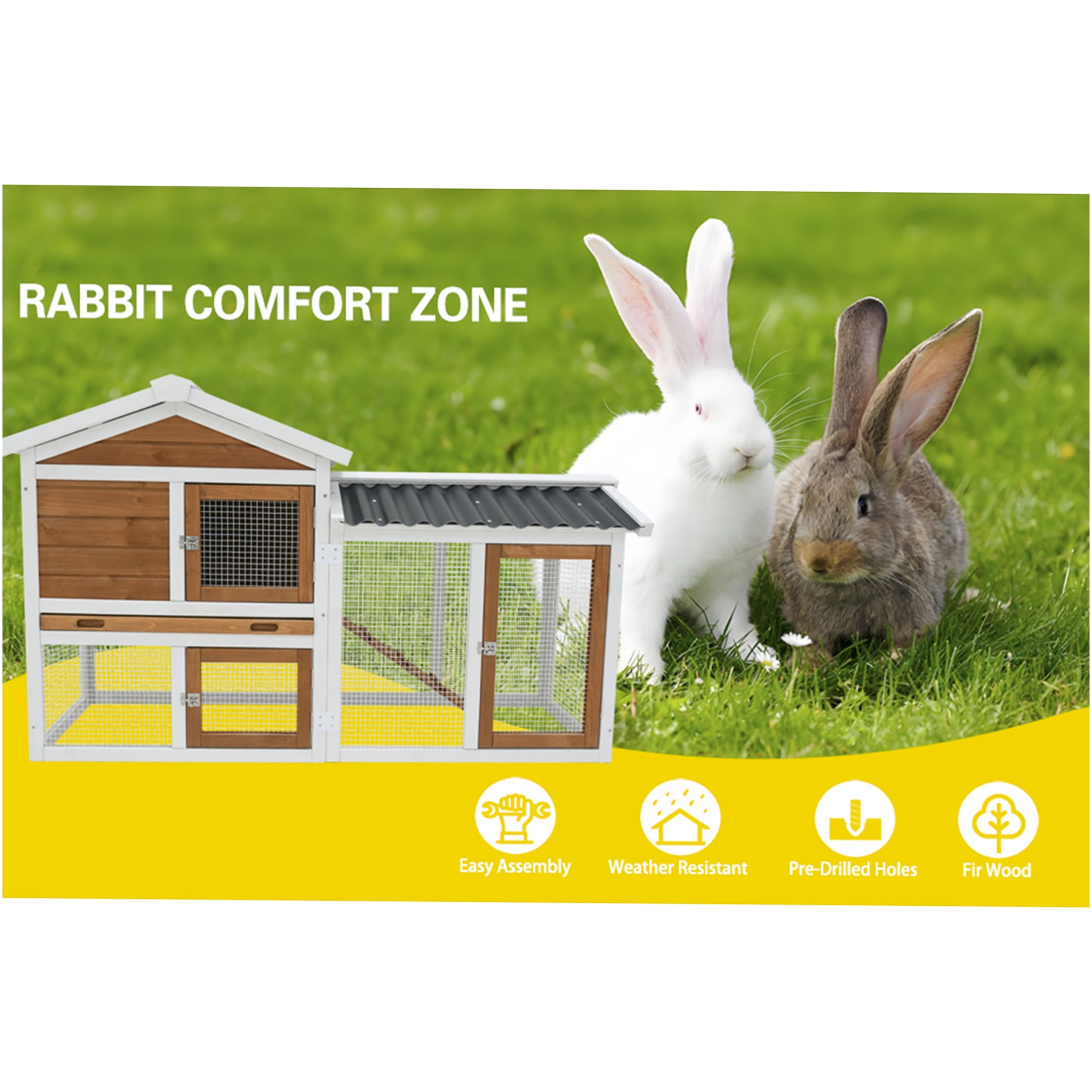 JERFIT 58 Inch Large Wooden Rabbit Hutch with Waterproof Roof, Outdoor Bunny Cage with Ramp & Pull-Out Tray for Rabbits, Guinea Pigs, Small Pets