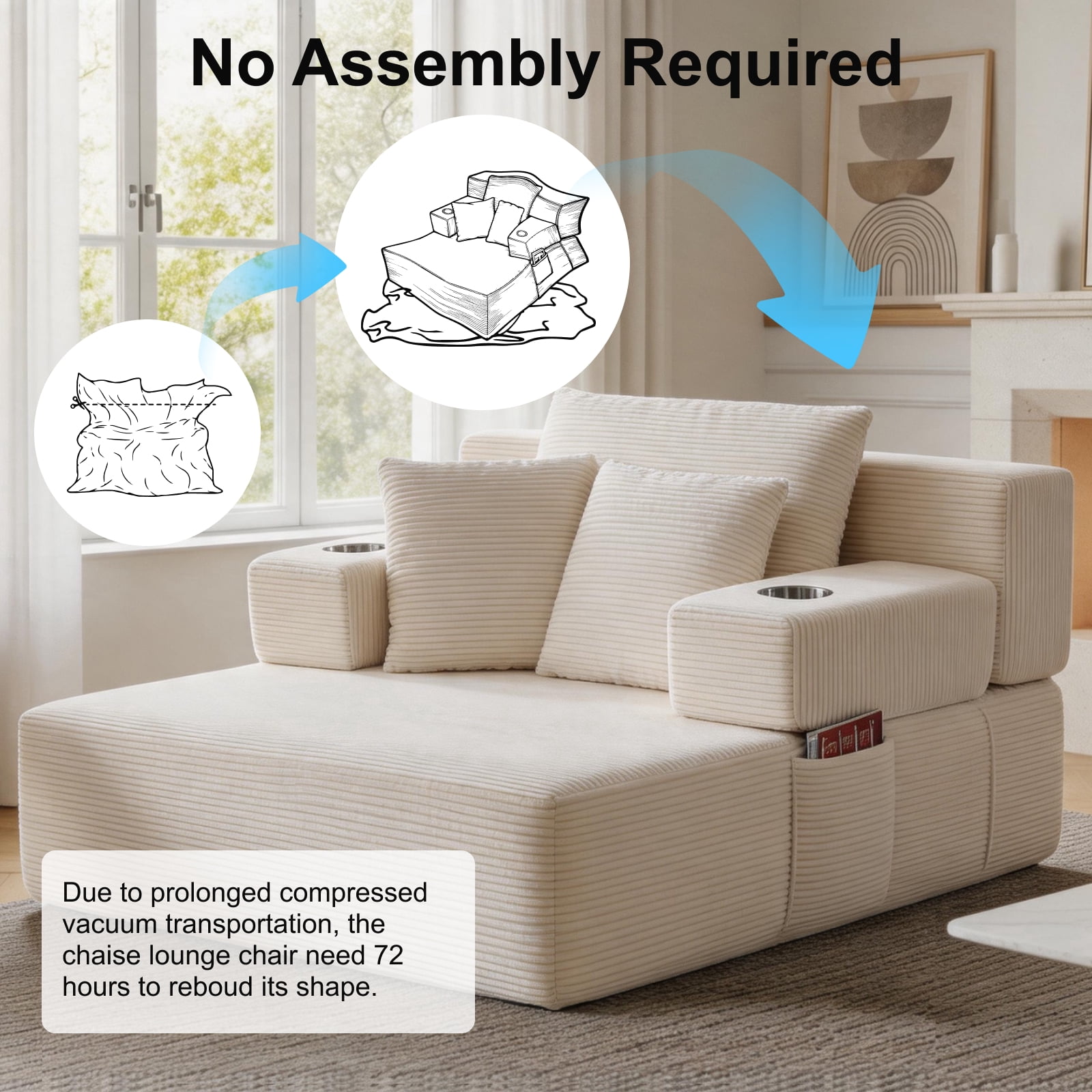 48" Wide Luxurious Corduroy Chaise Lounge with 3 Pillows, 71" Convertible Sofa Bed with Storage Pocket and Cup Holders