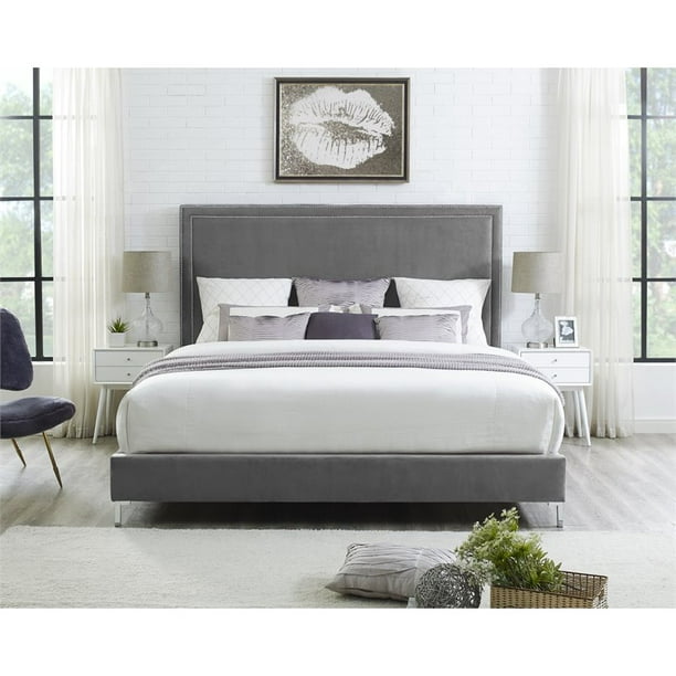 Tristan Grey Velvet Platform Bed Frame Queen Size Nailhead Trim