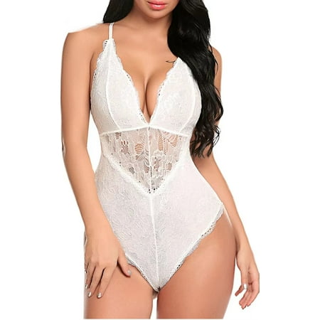 Chunoy Women Snap Crotch Lingerie Sexy Lace Bodysuit Deep V Teddy One Piece Lace Babydoll