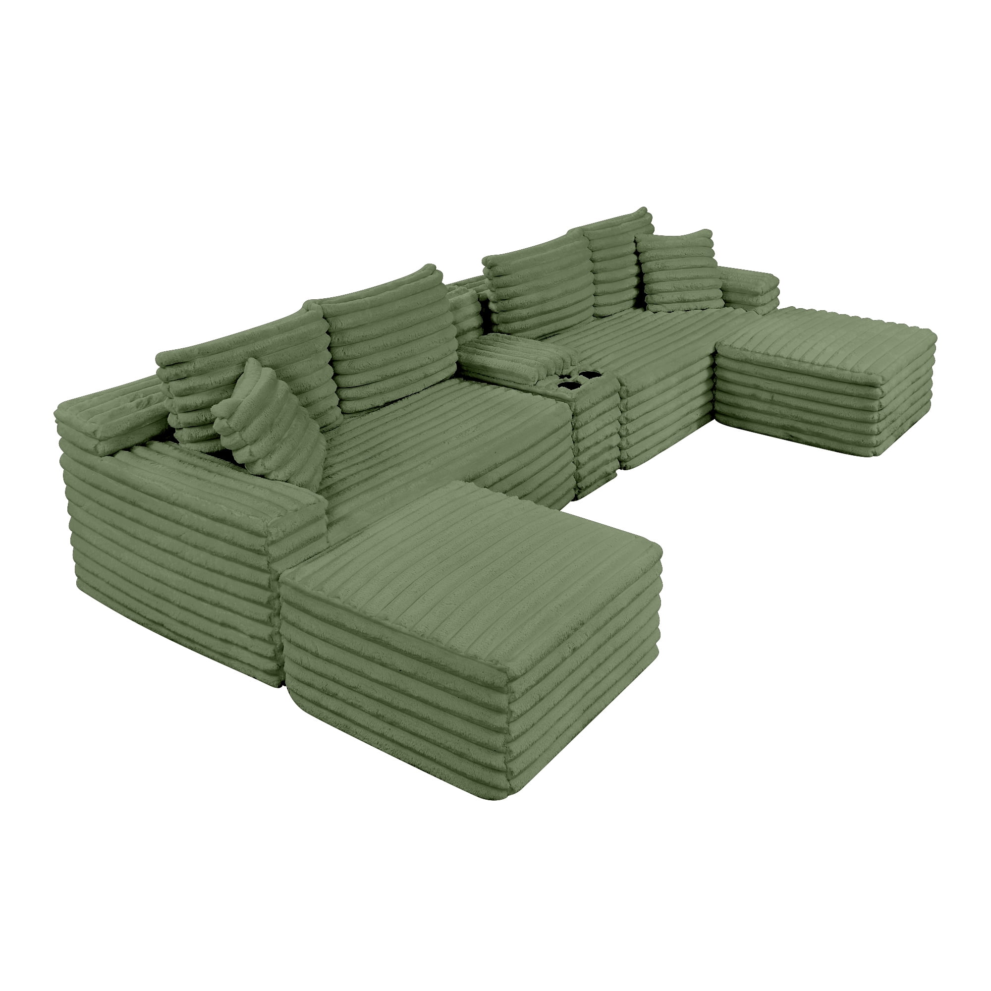 BSHTI 127" Corduroy U Shape Sectional Sofa with Console, Cup Holders, USB Port, 2 Ottomans for Living Room（Green）