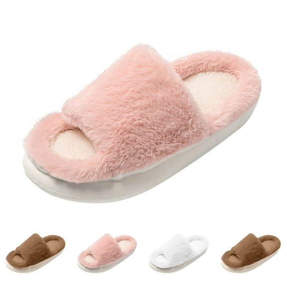 Xfvqtps Fuzzy Slippers for Women Fluffy Open Toe Memory Foam Soft Sole Non Slip Warm Furry Slipper for Fall Winter Pink