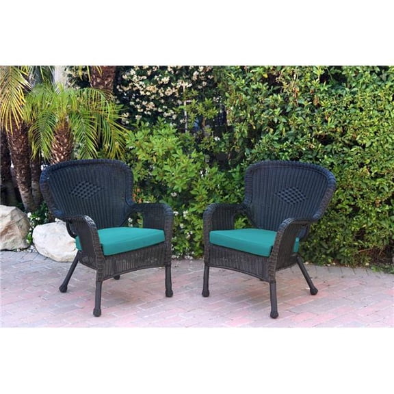 W00214-C-2-FS032 Windsor Black Resin Wicker Chair with Turquoise Cushion - Set of 2