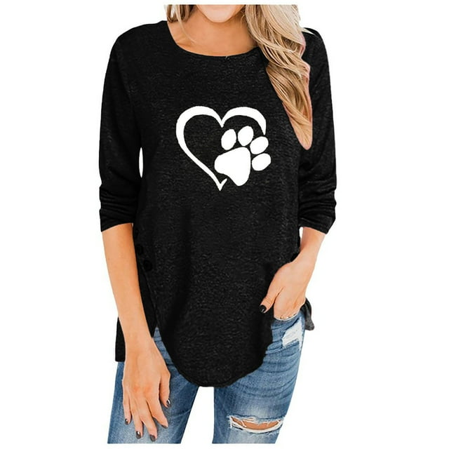Fridja Womens O-Neck Irregular Button Long Sleeve Print Casual Top Blouse