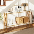 thumbnail image 3 of CRXX Narrow Console Table 2-Tier, 47” Faux Marble Entryway Table with Storage, 2 Support Bars, Behind Couch Modern Accent Tables, Long Sofa Table for Living Room, Foyer, Hallway-Gold + White, 3 of 9