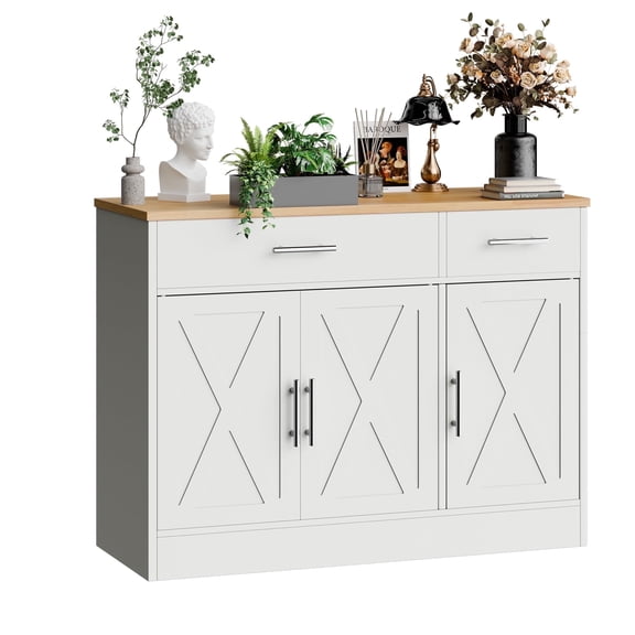 Walsunny Sideboards Buffets Cabinet Table 42.5" with 2 Drawers 3 Doors Adjustable Shelf Farmhouse Coffee Bar Cabinet with Storage for Kitchen Living Room Dining Room White