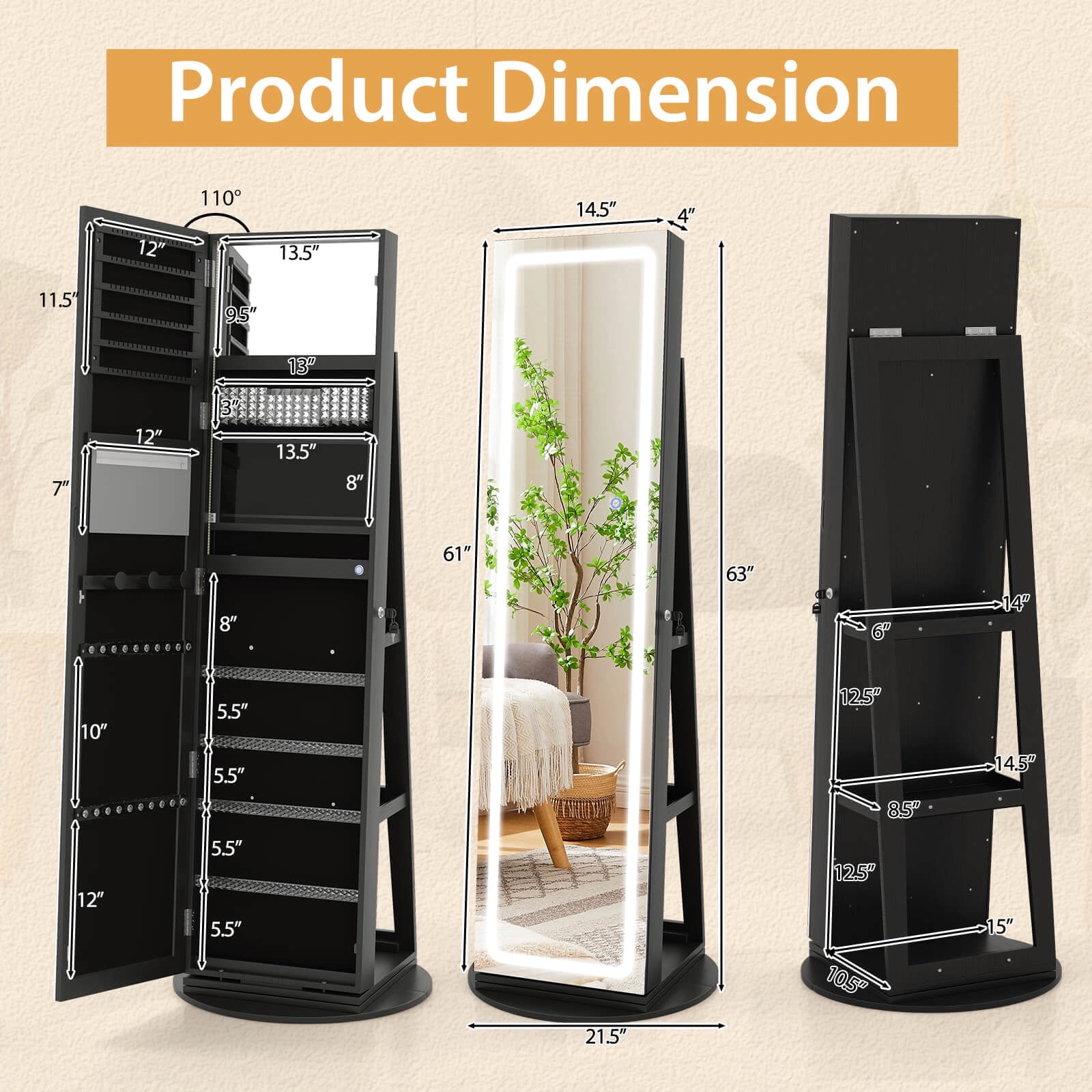 Costway 360° Swivel Jewelry Cabinet Organizer 3-Color LED Mirror with Built-in Lights Black