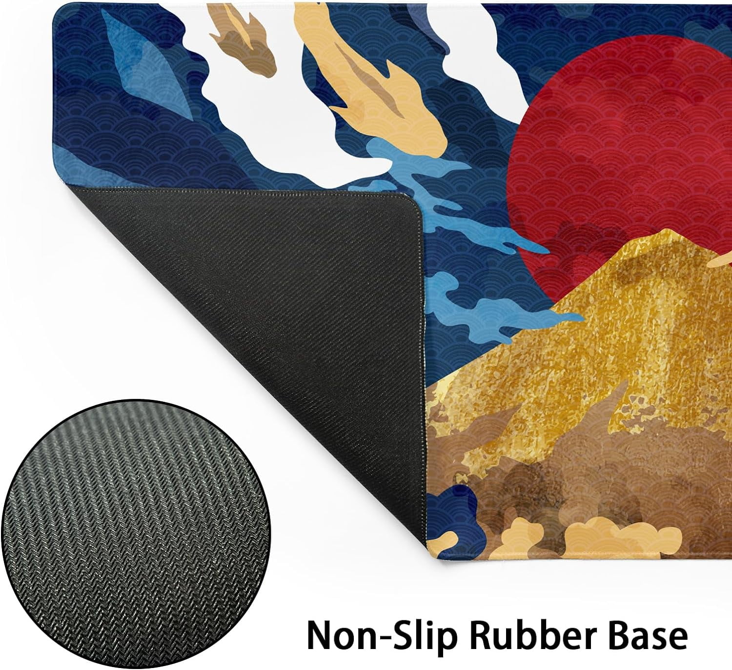 Blue White Japanese Anime Gaming Mouse Pad XXL Aesthetic Gold Mountian Red Sun Extended Big Large Desk Mat Non-Slip Rubber Base Stitched Edge Long Keyboard Mousepad for PC Computer,35.4×15.7 Inches