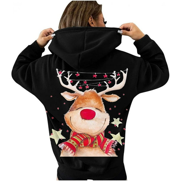 ICHUANYI Clearance Women Oversize Pullover Hoodies Pocket Long Sleeve Christmas Print Sweatshirts Drawstring Tops(Black, XL) ICHUANYI WER2023081501460