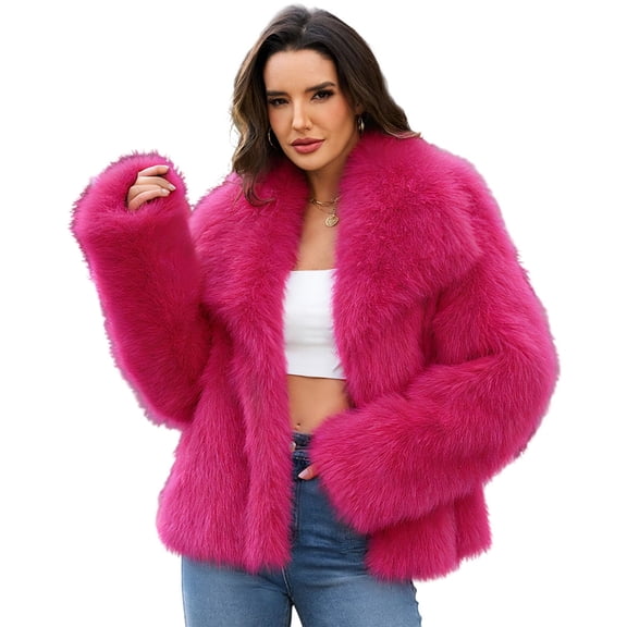 Levmjia Women's Faux Fur Coat Lapel Collar Long Sleeve Winter Warm Outerwear Fluffy Plush Jacket Open Front Solid Color