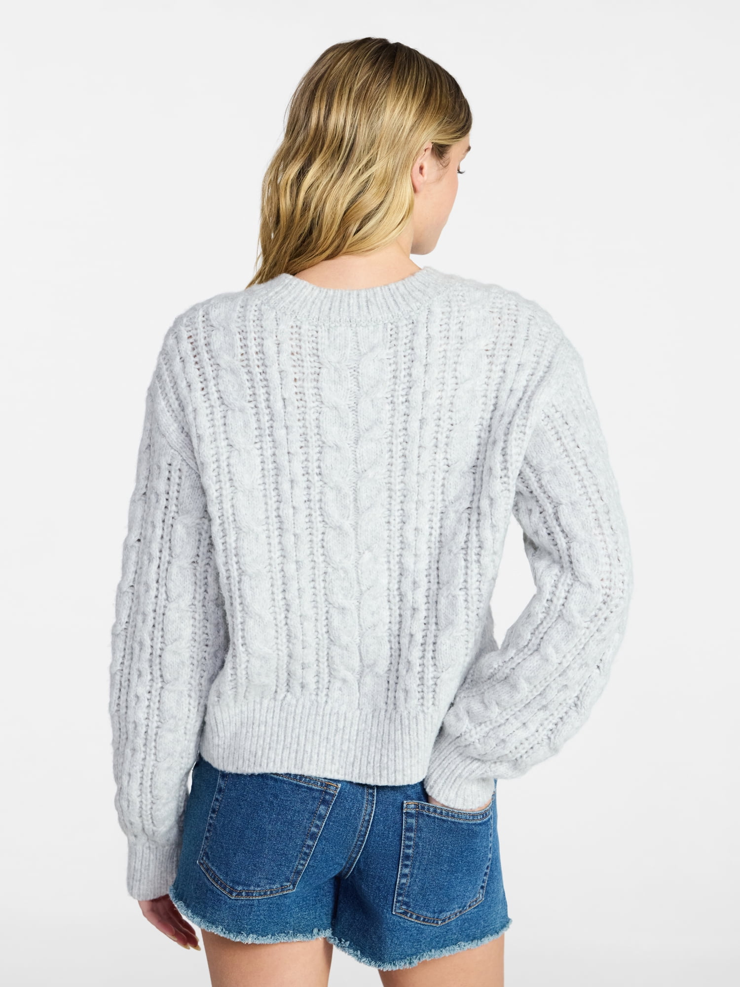 No Boundaries Cable Crewneck Drop Shoulder Sweater, Midweight, Women's XXS-XXL