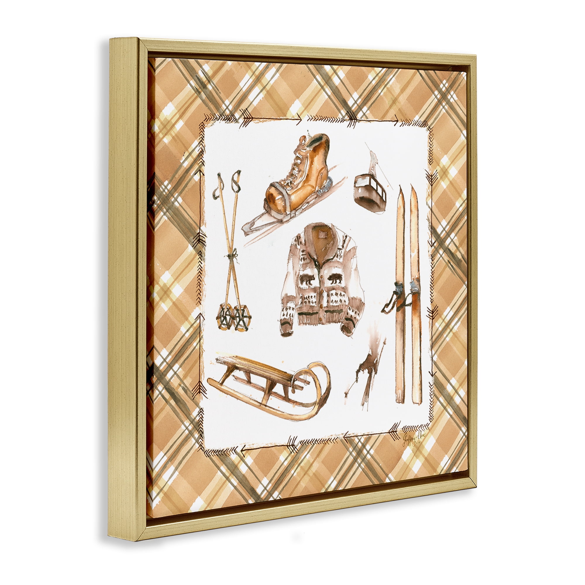 Stupell Industries Winter Sports on Tartan Sports Painting Gold Floater Framed Canvas Art Print Wall Art, 25 x 25