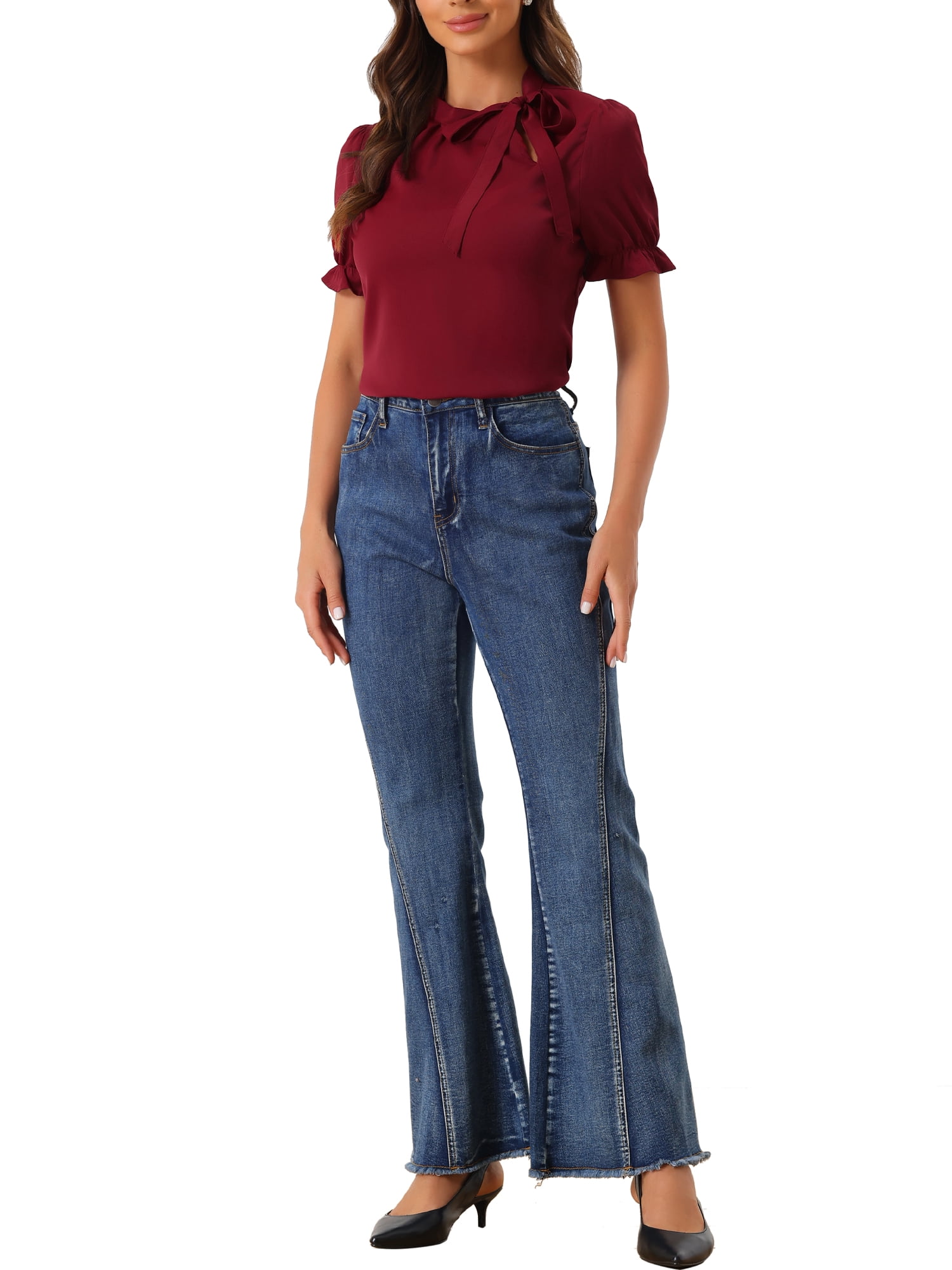 Unique Bargains Women's Bow Tie Neck Office Elegant Short Sleeve Blouse Top L Burgundy