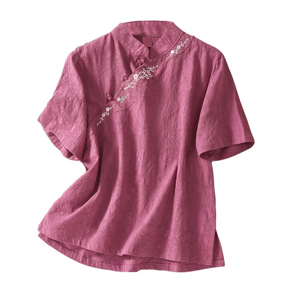 ShomPort Women's Cotton Linen Slant Lapel Button Collared Shirts Summer Vintage Embroidery Short Sleeve Blouses Tops