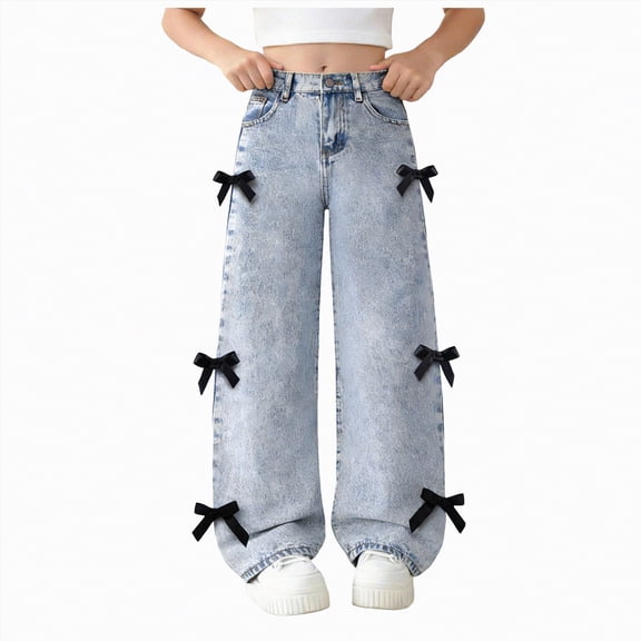 JUMEYU Kids Jeans for Girls Boot Cut Girls Baggy Jeans Streetwear Denim Cargo Pants Distressed Elastic High Waist Wide Leg Clothes Multi Pocket Size 11-12 (Light Blue,11-12 Years)