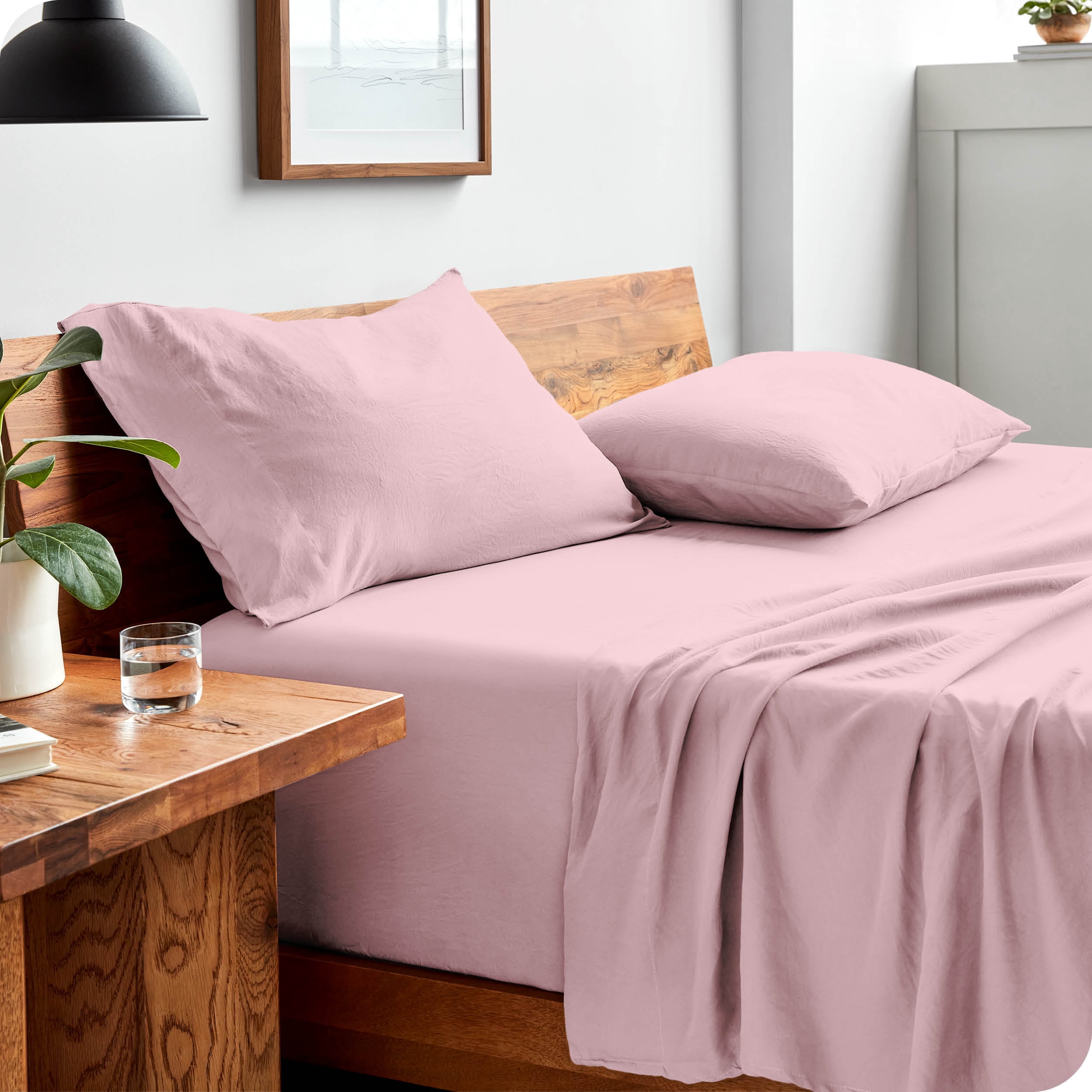 Bare Home Dusty Pink Sandwashed Microfiber Sheet Set, Wrinkle Resistant, Deep Pocket, Twin XL