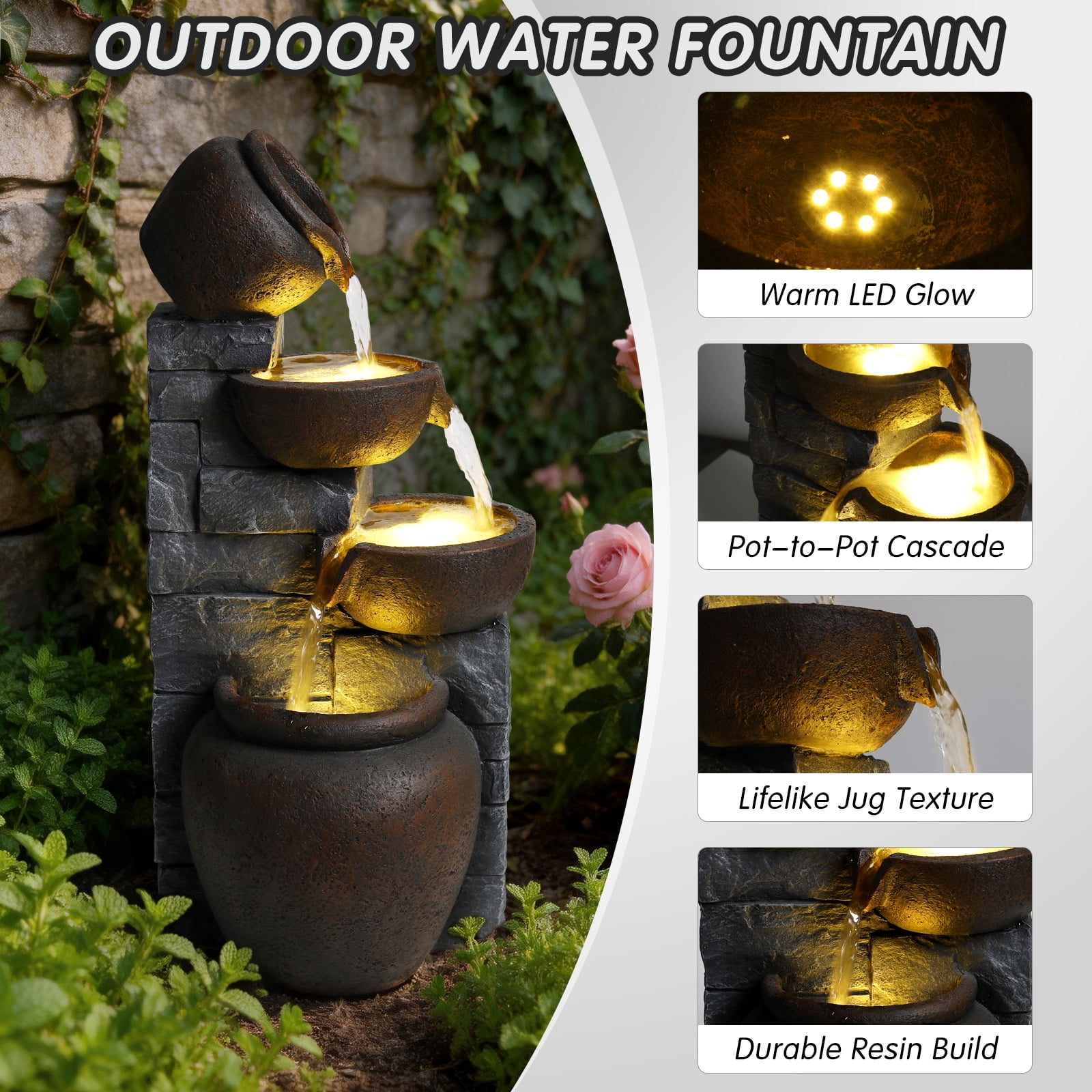 Mintazer 4 Tier Cascading Pots Waterfall Fountain with LED Lights, Outdoor Stone Look Garden Waterfall Fountain for Patio Porch Backyard