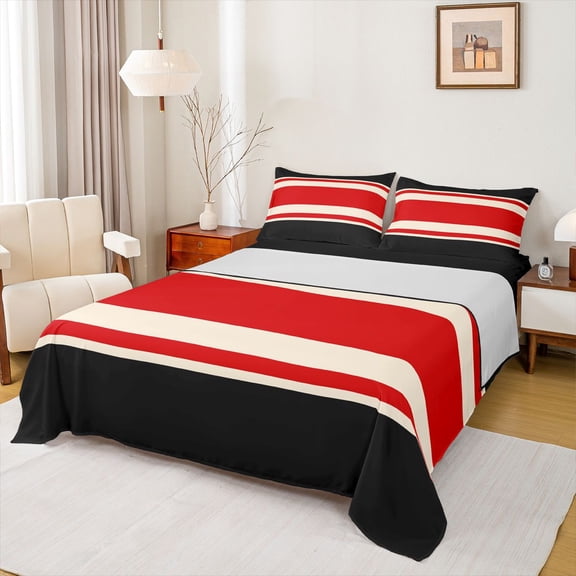 jejeloiu Red Stripe Twin 3-Piece Reversible Adult Ultra Soft Abstract Geometric Sheet Set