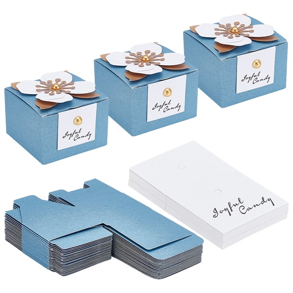 30Pcs Candy Boxes 2.5 x 2.5 x 1.7 Inch Blue Favor Boxes with Floral Decor Paper Bridal Gift Box with Tags